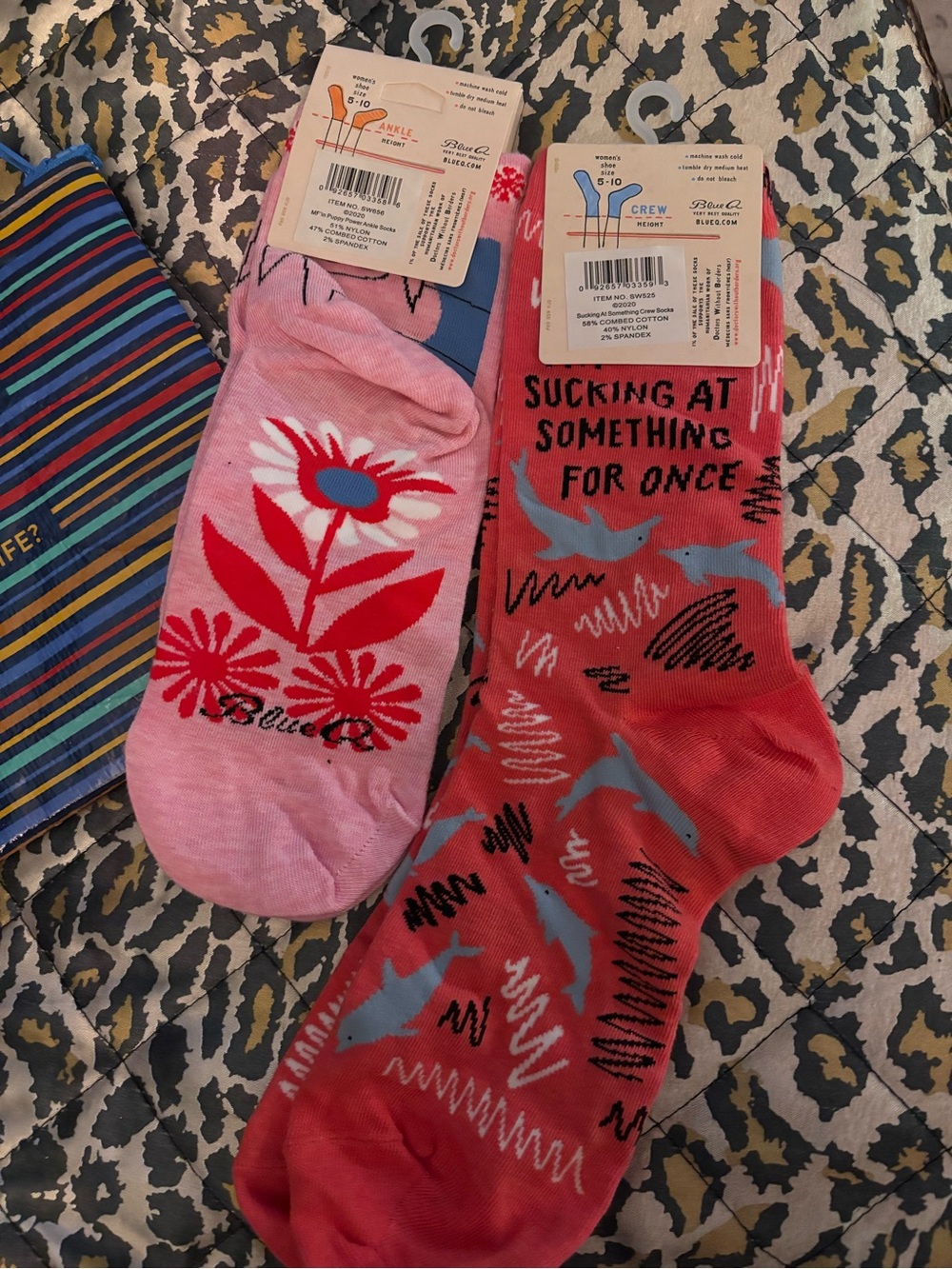 Blue Q Pink & Coral Novelty Crew Socks and Zipper Pouch NWT